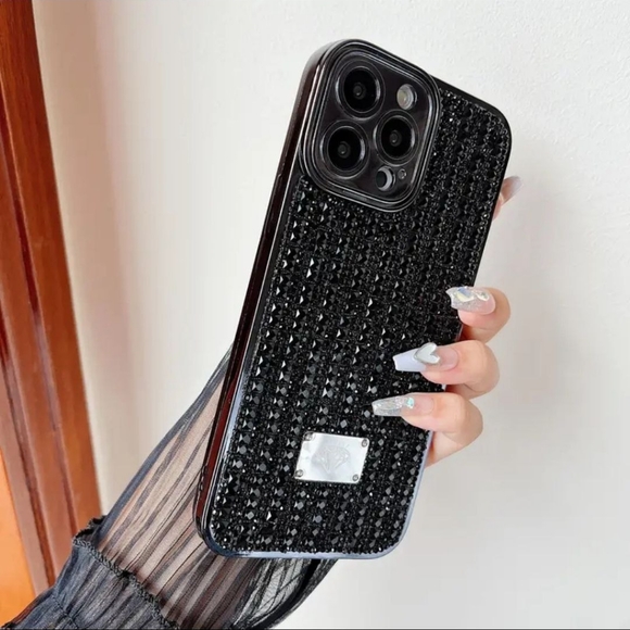 Square Glass Luxury Rhinestones Case For iPhone 14 Pro Max - BLACK - Picture 2 of 4